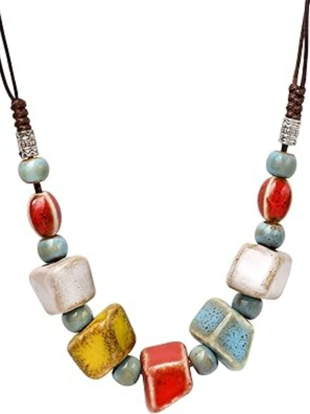 New Bohemian Hippie Colorful Ceramic Geometric Bead Strand Necklace Boho Jewelry